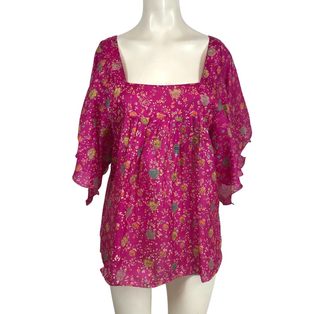 INDIE ELLA - WOMEN'S ONE SIZE -PINK BUTTERFLY SLEEVES SQUARE NECK 100% SILK TOP